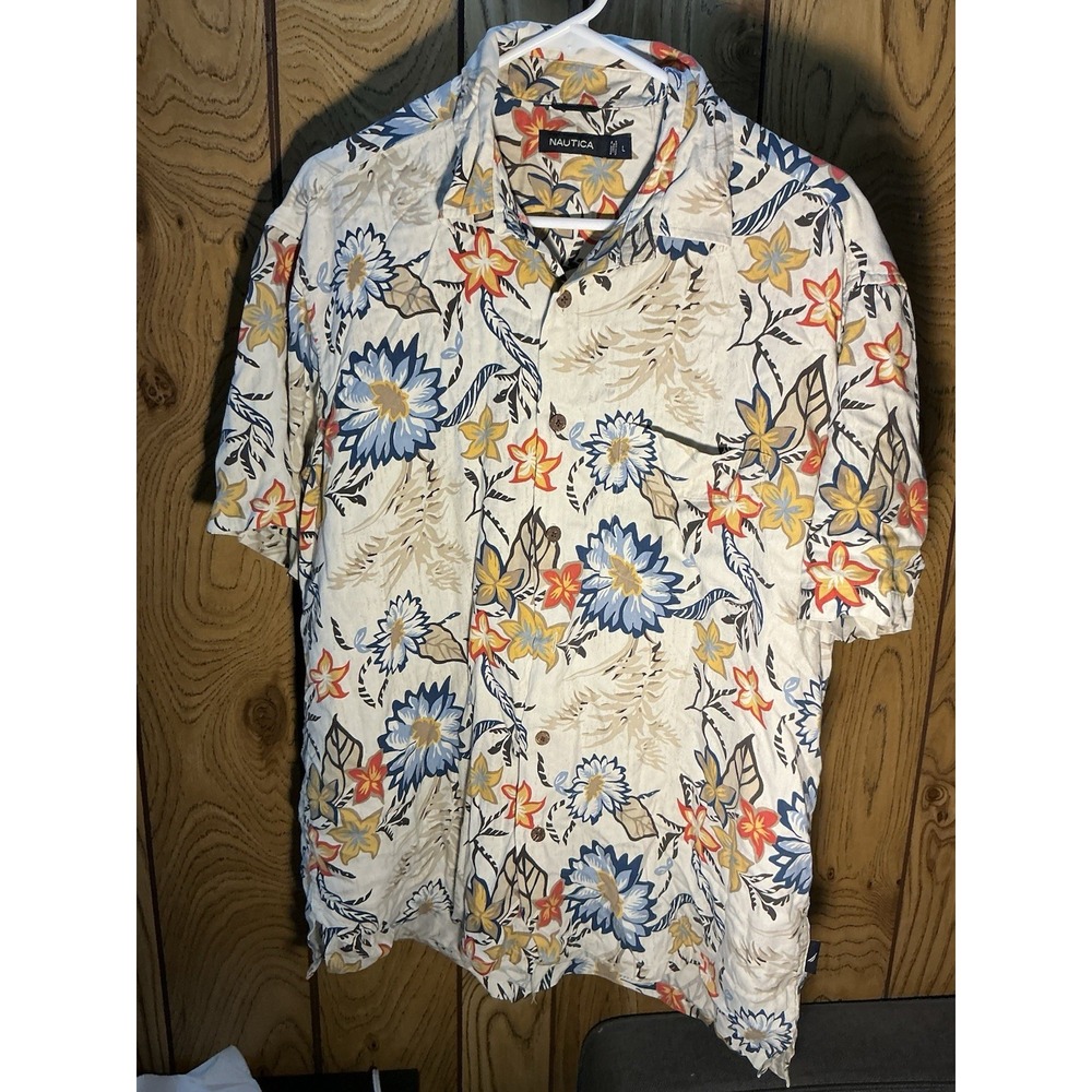 Nautica Mens 100% Silk Aloha Hawaiian Shirt L Floral Blue Beige Short Sleeve - Picture 2 of 6